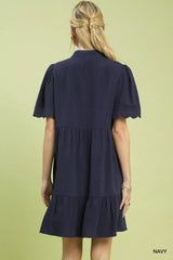 Umgee Linen Tiered Babydoll Dress with Scalloped Sleeves