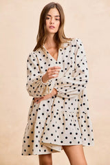 BiBi Polka Dot Corduroy Collared V Neck Dress