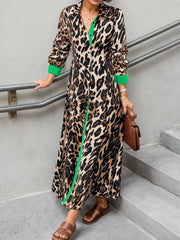 Leopard Print Long Sleeve Shirt Dress with Contrast Trim