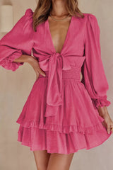 Elegant Tie-Front Ruffle Mini Dress with Smocked Wiast