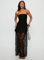 Aleda Sheer Lace Detail Strapless Maxi Dress Black