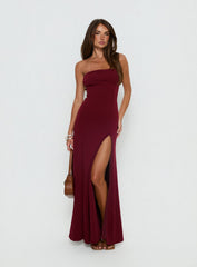 Diamanti Strapless High Slit Maxi Dress Burgundy