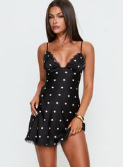 Margareta Lace Trim Mini Dress Black / White Polka Dot