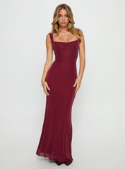 Crisanto Tie Up Ruched Maxi Dress Burgundy