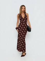 Saviana Halter Ruched Maxi Dress Chocolate / Pink Polka Dot