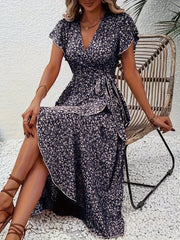 Floral Print Ruffle Hem Wrap Midi Dress