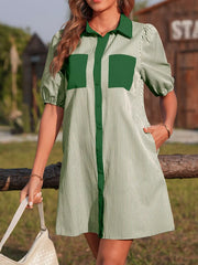 Stripe Color Block Patchwork Shirt Collar Button Down Puff Sleeve Mini Dress