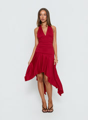 Emara Halter Asymmetrical Midi Dress Red