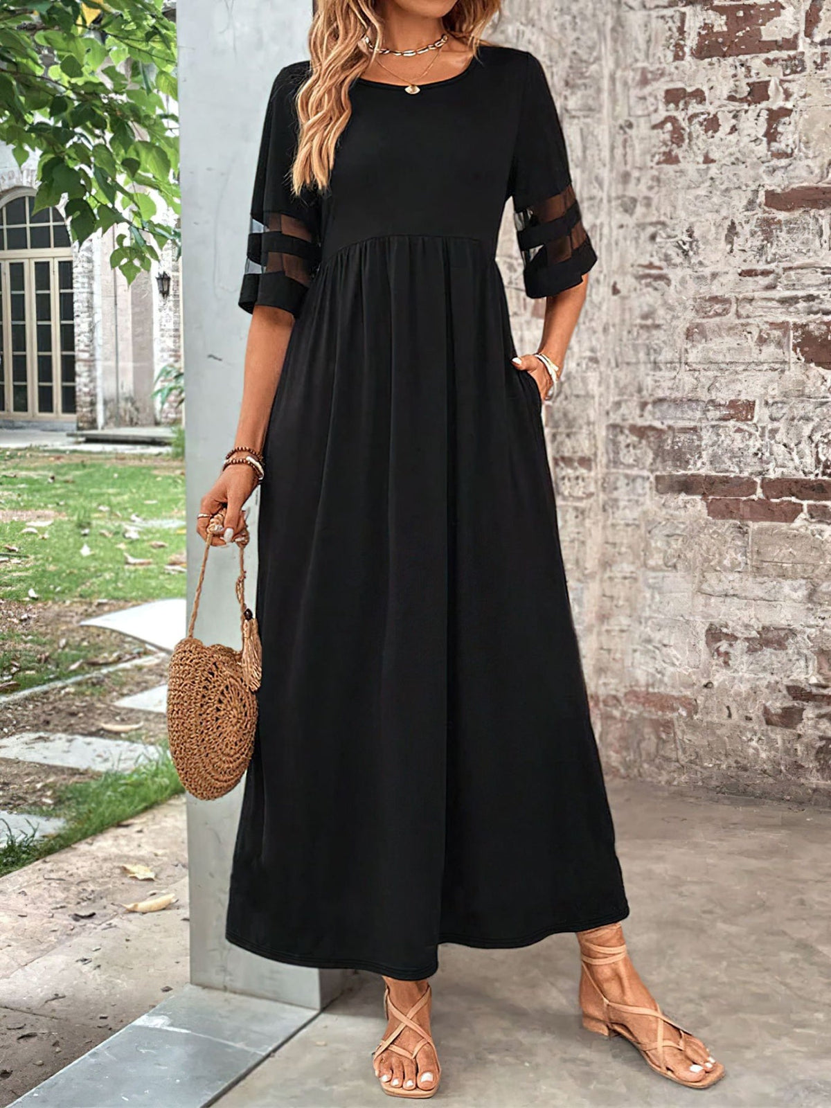 Plus Size Mesh Sleeve Round Neck Dress with Pockets