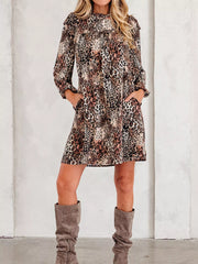 Leopard Ruffled Detail Long Sleeve Loose Mini Dress