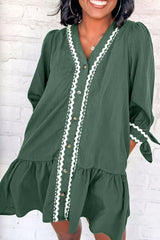 Contrast Ricrac Trim Button V Neck Knotted Bracelet Sleeve Shift Dress