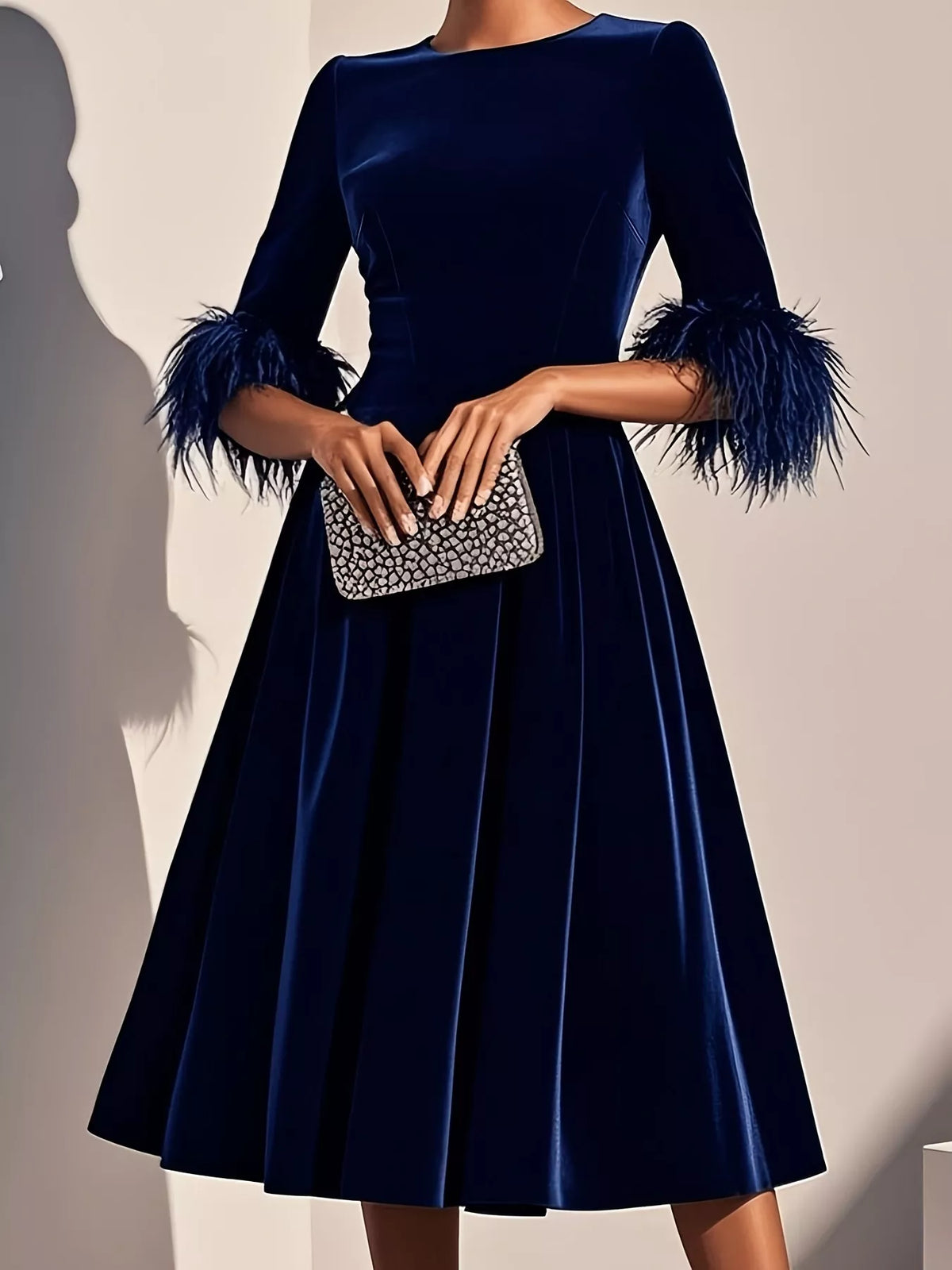 Velvet Midi Dress with Feather Cuffs