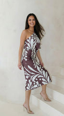 Rhodes One Shoulder Satin Midi Dress - Brown Blue