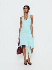 Moonlit Honey Asymmetrical Halter Jersey Midi Dress Turquoise