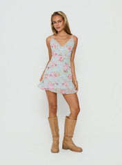 Sandia Lace Trim Mini Dress Blue Floral