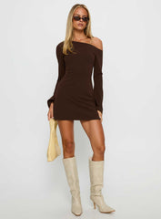 Adrietta Long Sleeve Off Shoulder Mini Dress Brown