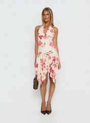 Loreza Halter Asymmetrical Midi Dress Cream Floral