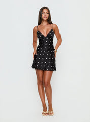 Margareta Lace Trim Mini Dress Black / White Polka Dot
