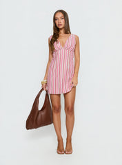 Daphney Plunge Mini Dress Pink Stripe