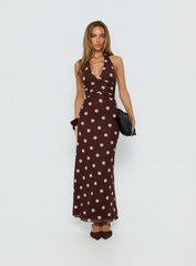 Saviana Halter Ruched Maxi Dress Chocolate / Pink Polka Dot