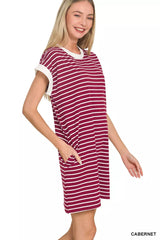 Zenana Contrast Trim Striped T-shirts Dress