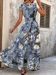 Printed V-Neck Cap Sleeve Maxi Dress