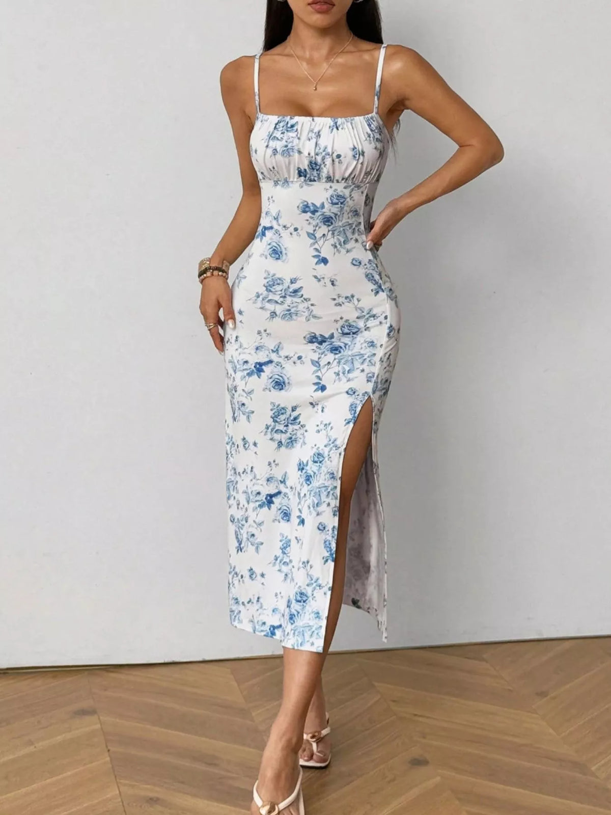 Floral Print Ruched Slit Cami Dress