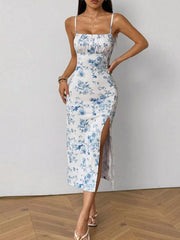 Floral Print Ruched Slit Cami Dress