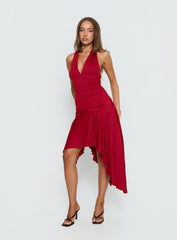 Emara Halter Asymmetrical Midi Dress Red