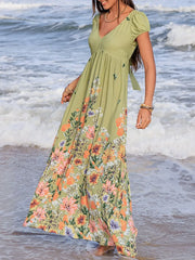 Backless Printed V-Neck Short Sleeve Maxi Dress
