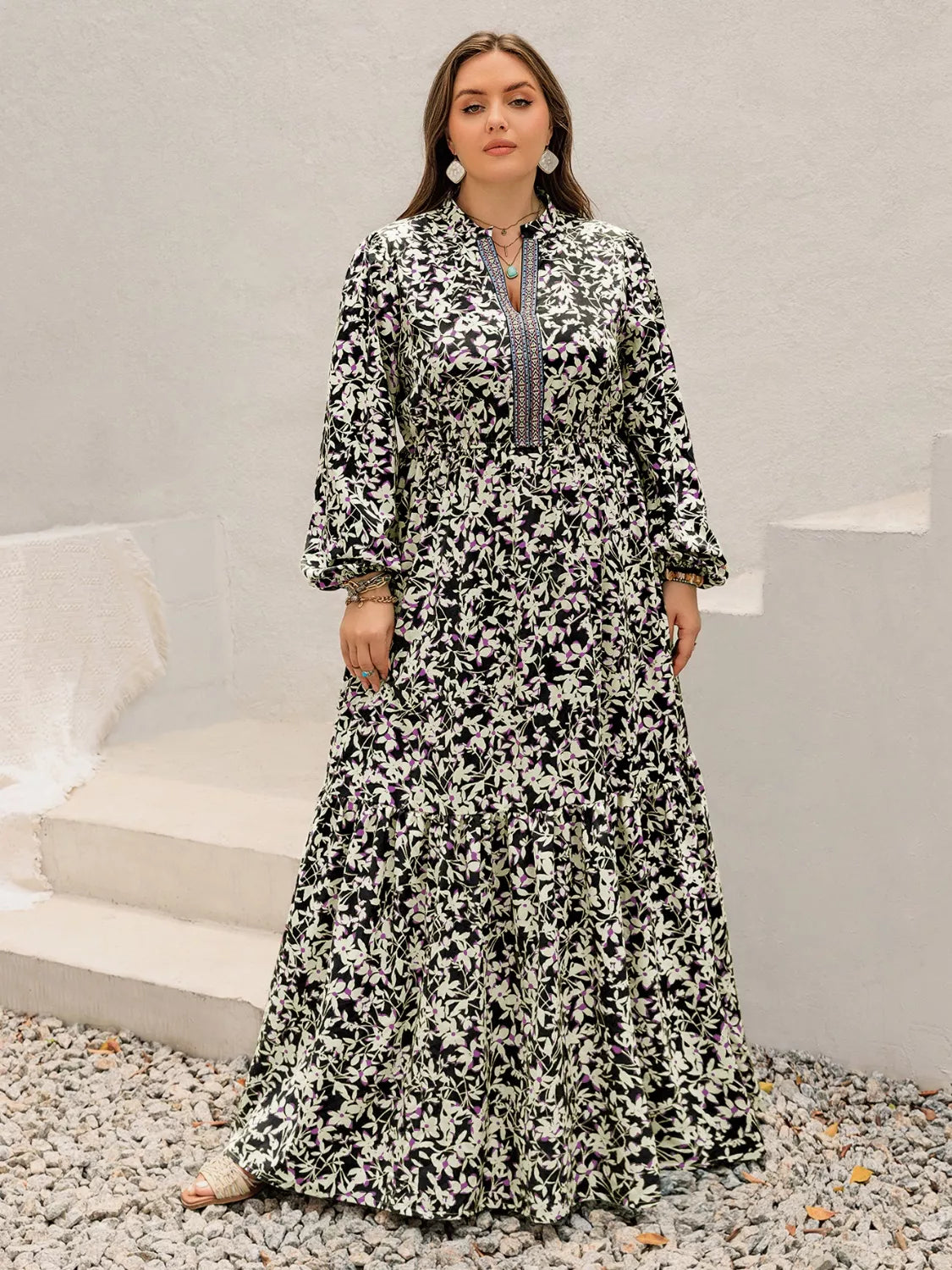 Plus Size Floral Print Long Sleeve Tiered Maxi Dress