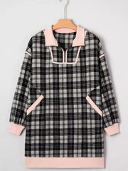 Plaid Polo Collar Zip up Contrast Trim Shift Long Sleeve Mini Dress