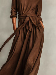 Full Size Long Sleeve Tie Waist Maxi Dress Plus Size