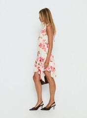 Loreza Halter Asymmetrical Midi Dress Cream Floral