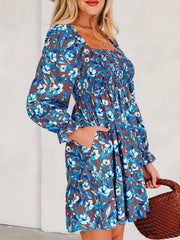 Smocked Bodice High Waist Ruffled Sleeve Floral Dress
