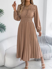 Smocked Pleated Long Sleeve Midi Dress