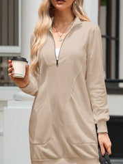 Zip Up Collared Ribbed Patchwork Sweatshirt Dress with Pockets