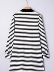 Stripe Buttoned Front Collared Long Sleeve T Shirt Dress with Pockets