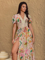 Lace Trim Floral Print Puff Sleeve Dress