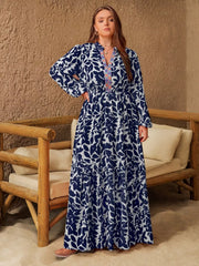 Plus Size Floral Print Notched Long Sleeve Maxi Dress