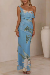 Floral Print One-Shoulder Ruched Maxi Dress