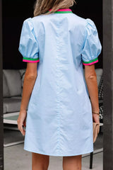Puff Sleeve Mini Dress with Contrast Trim