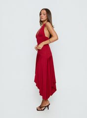 Emara Halter Asymmetrical Midi Dress Red