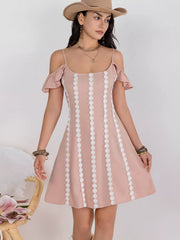 Floral Lace Trim Cold Shoulder A-Line Dress