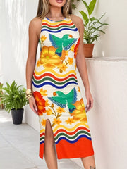 Plus Size Tropical Parrot Print Sleeveless Midi Dress