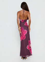 Kamina Beaded Halter Maxi Dress Plum Floral