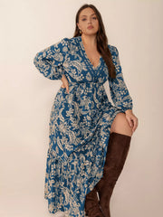 Plus Size Boho Floral Print Long Sleeve Maxi Dress