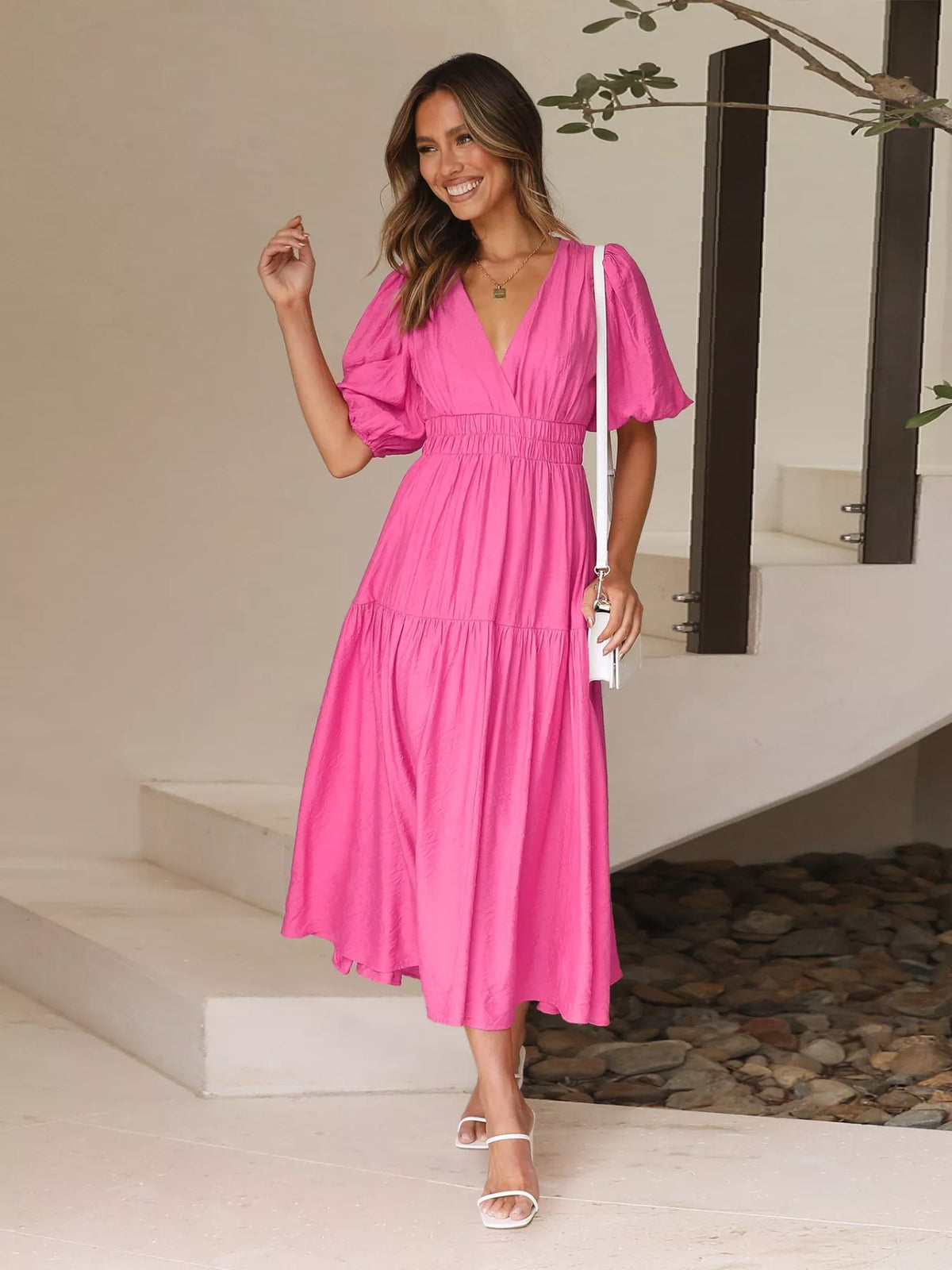 Tiered Puff Sleeve Midi Dress
