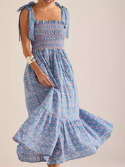 Floral Smocked Tie-Shoulder Midi Dress