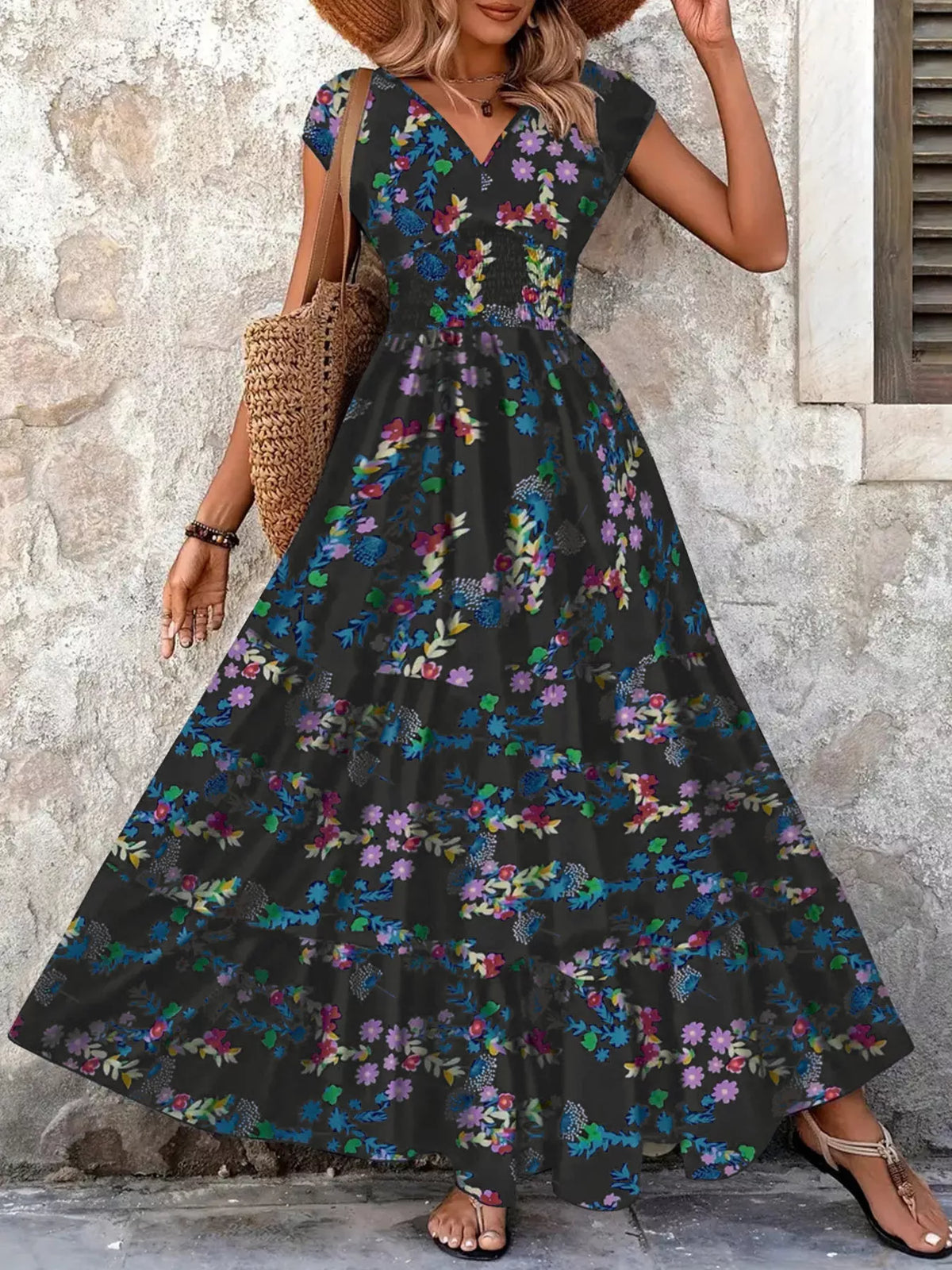 Plus Size Floral V-Neck Cap Sleeve Maxi Dress